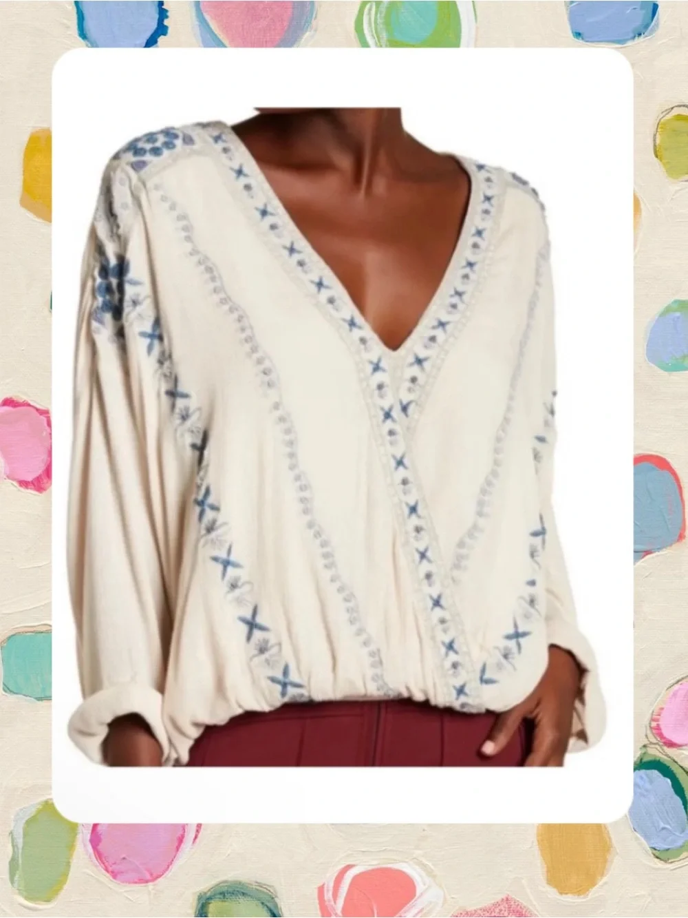 Free People boho Cream top with Blue Embroidery and beading S - Picture 1 of 4